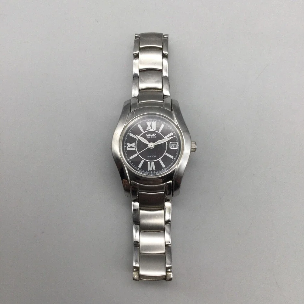 Citizen Eco-Drive WR 100 Womens Watch 25mm Black Dial Date Stainless Bracelet 6